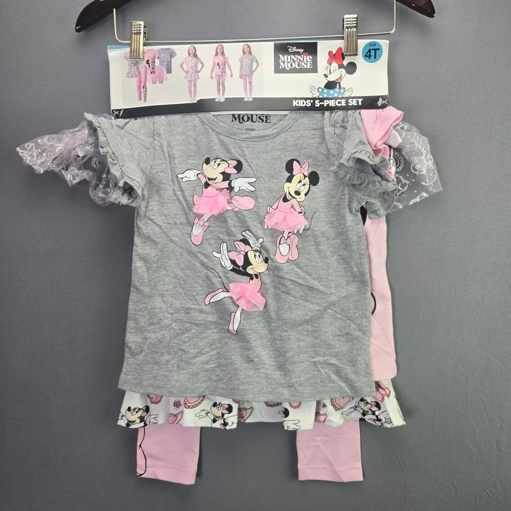 Disney Minnie Mouse 5-Pc Set Top Leggings Tutu Skirt 4T Pink Grey Ballerina NEW
